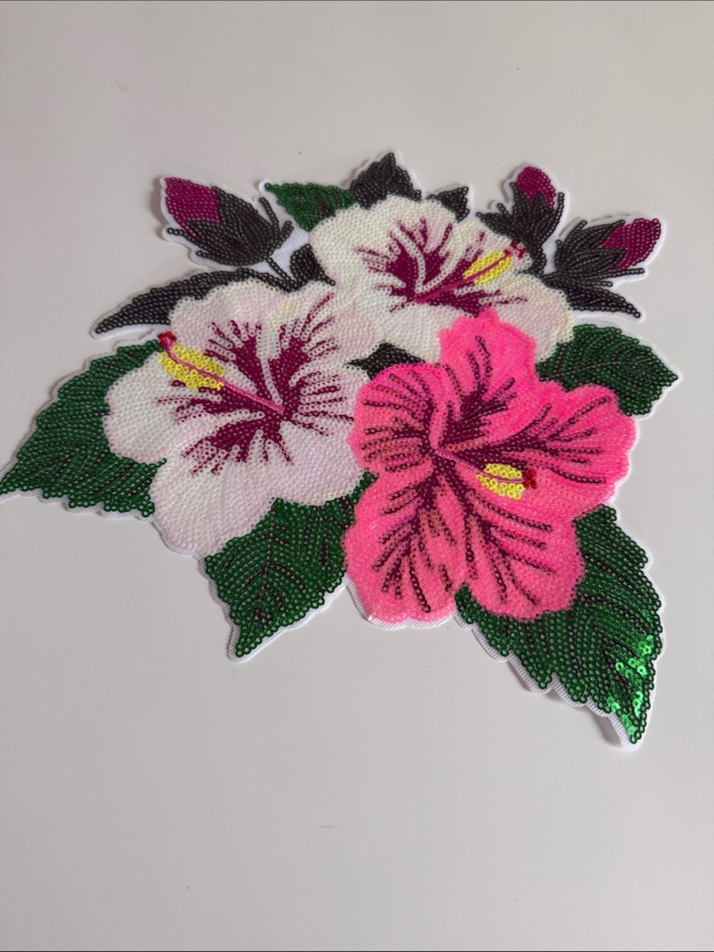 Floral Sequin Hibiscus Patch - Pink & White Flowers with Green Leaves